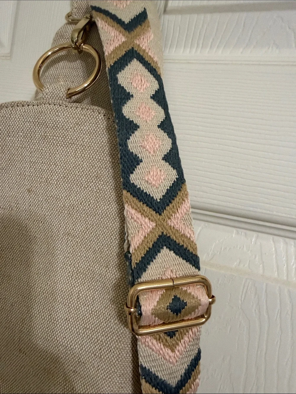 Neutral Canvas Crossbody Sling Bag with Patterned Strap total 3 big pockets
